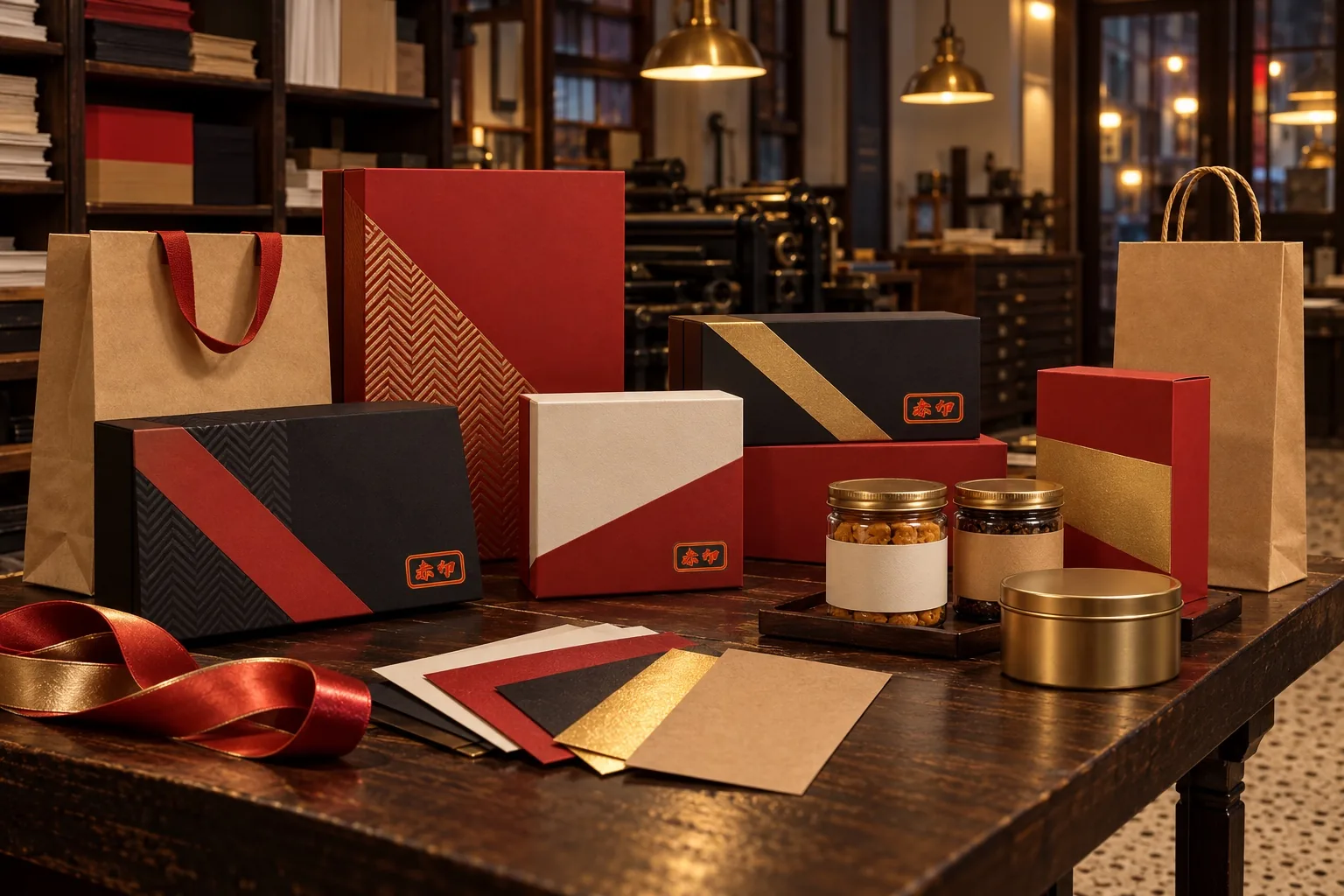A long table in the shop laid out with Chinese New Year packaging: red and black gift boxes, kraft bags, labelled jars and paper samples