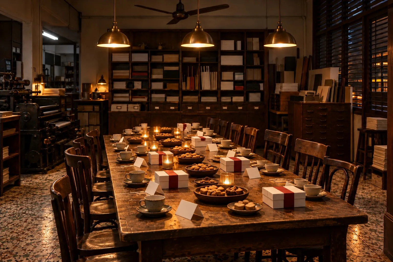 The shop set for the evening before guests arrive: a long table with tea cups, snacks and blank place cards under brass pendant lamps